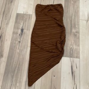 PrettyLittleThing Asymmetrical Brown Tube Dress, size 10.